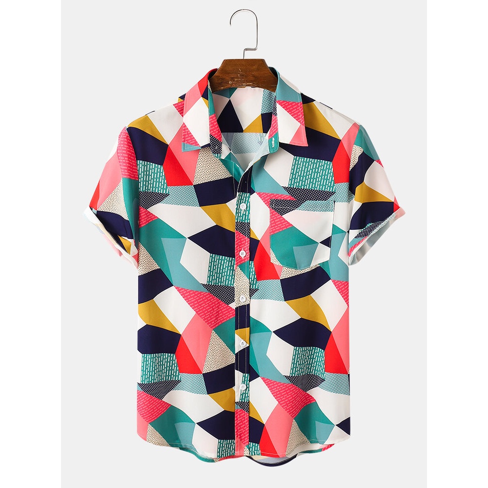 Mens Color Block Contrast Pocket Short Sleeve Shirts - Pink XL