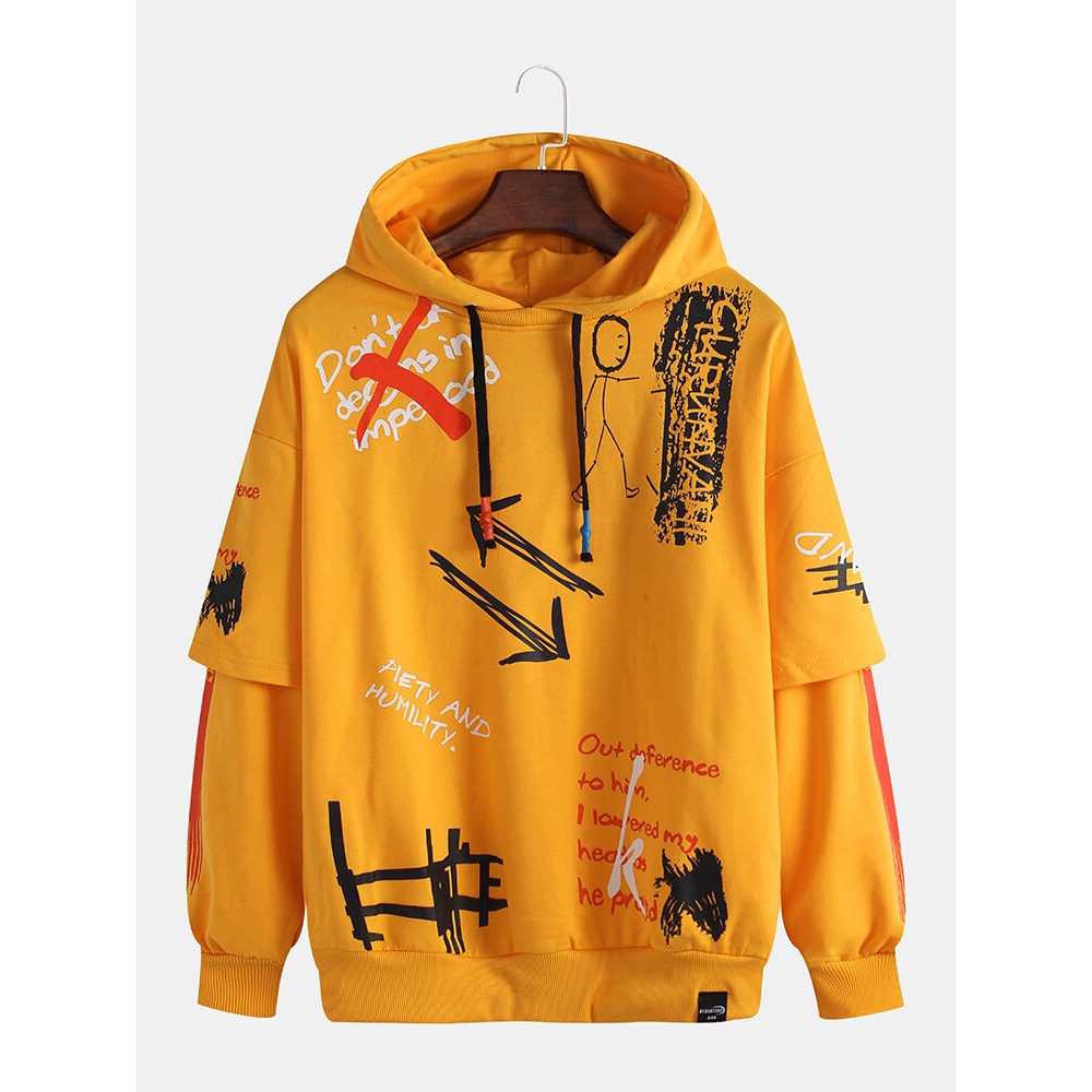 Mens Funny Cartoon Slogan Double Sleeve Drawstring Hoodies Sweatshirt - S Yellow