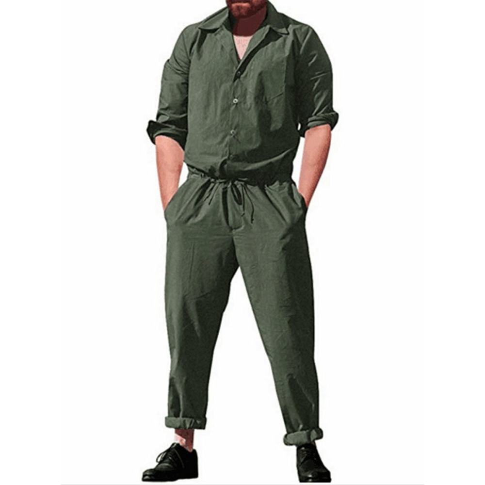 Men Solid Color Drawstring Relaxed Revere Collar Jumpsuit - 2XL Black