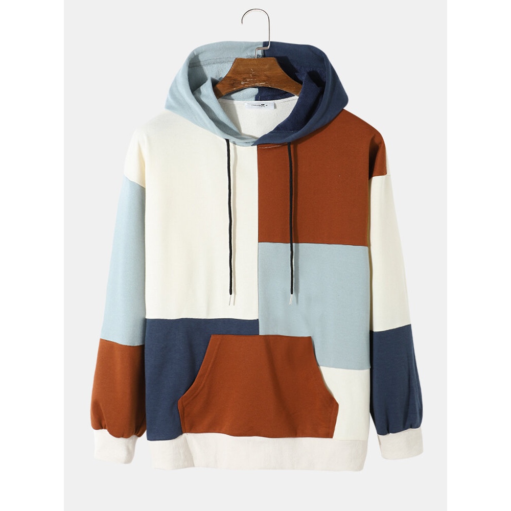 Mens Splicing Color Block Leisure Hooded Sweatshirts - Beige S