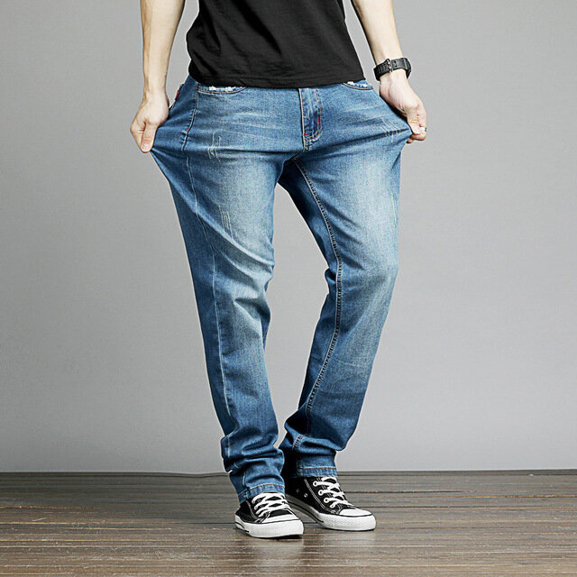 Large Size Men's Straight Slim Fat Middle Waist Washed Denim Trousers New Fat Men's Denim - 44 7718 dark blue - Image 2