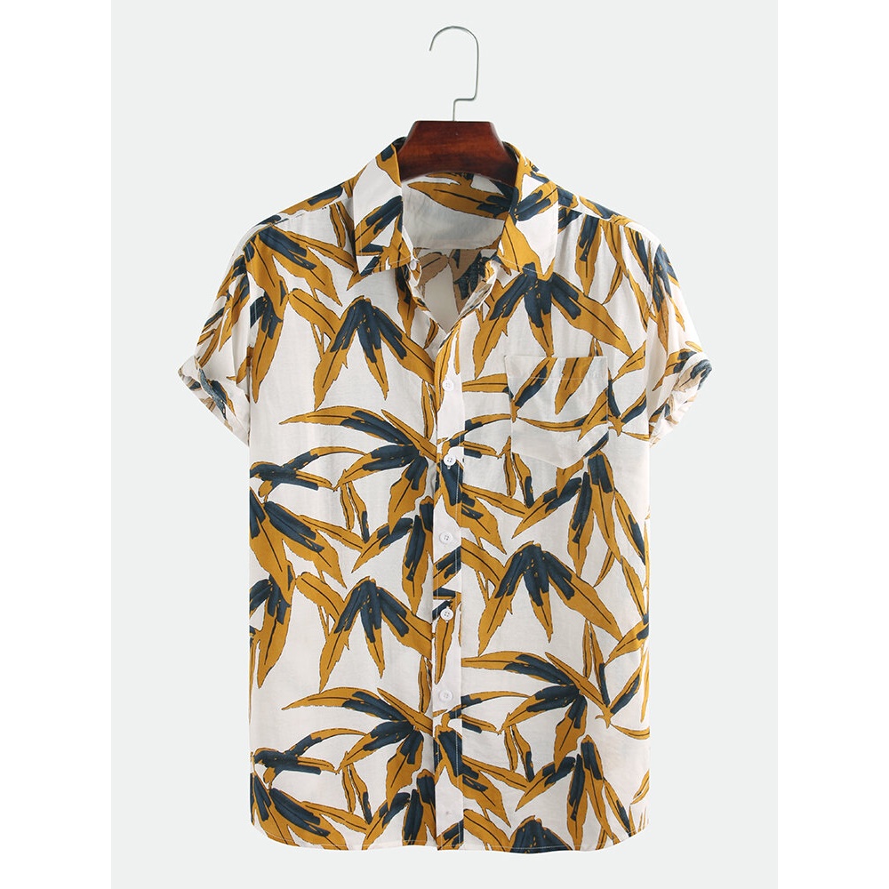 Mixed Color Leaf Print Cotton Short Sleeve Shirts - M Yellow