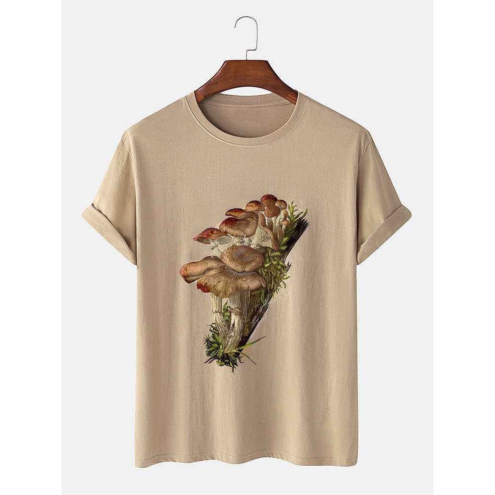 Mens 100% Cotton Mushroom Graphic Print Loose Casual T-Shirt - Apricot S