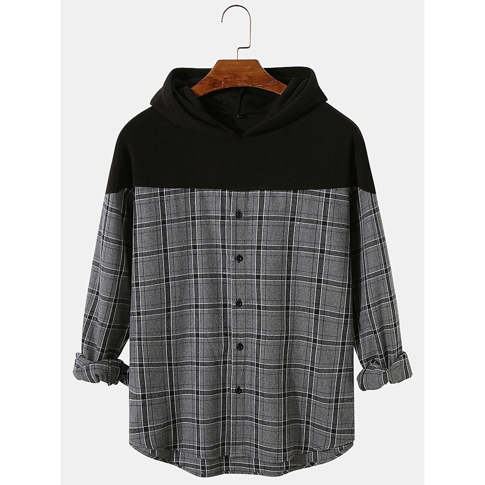 Mens Plaid Patchwork Button Casual Drop Shoulder Pleated Hoodies For Men - Grey L