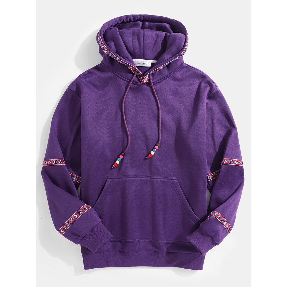 Mens Ethnic Pattern Ribbon Kangaroo Pocket Casual Drawstring Hoodies - Purple S