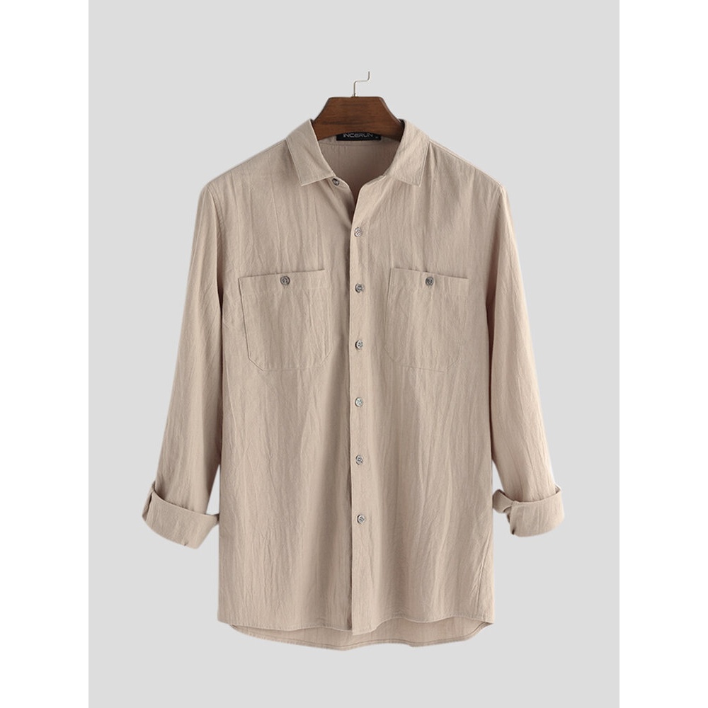 Men's Vintage Pocket Shirt Long Sleeve Button Down Autumn Beach Causal Top Tees - S Yellow