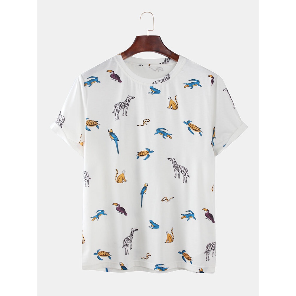 Mens Casual Funny Animals Cartoon Crew Neck Breathable T-Shirts - White L