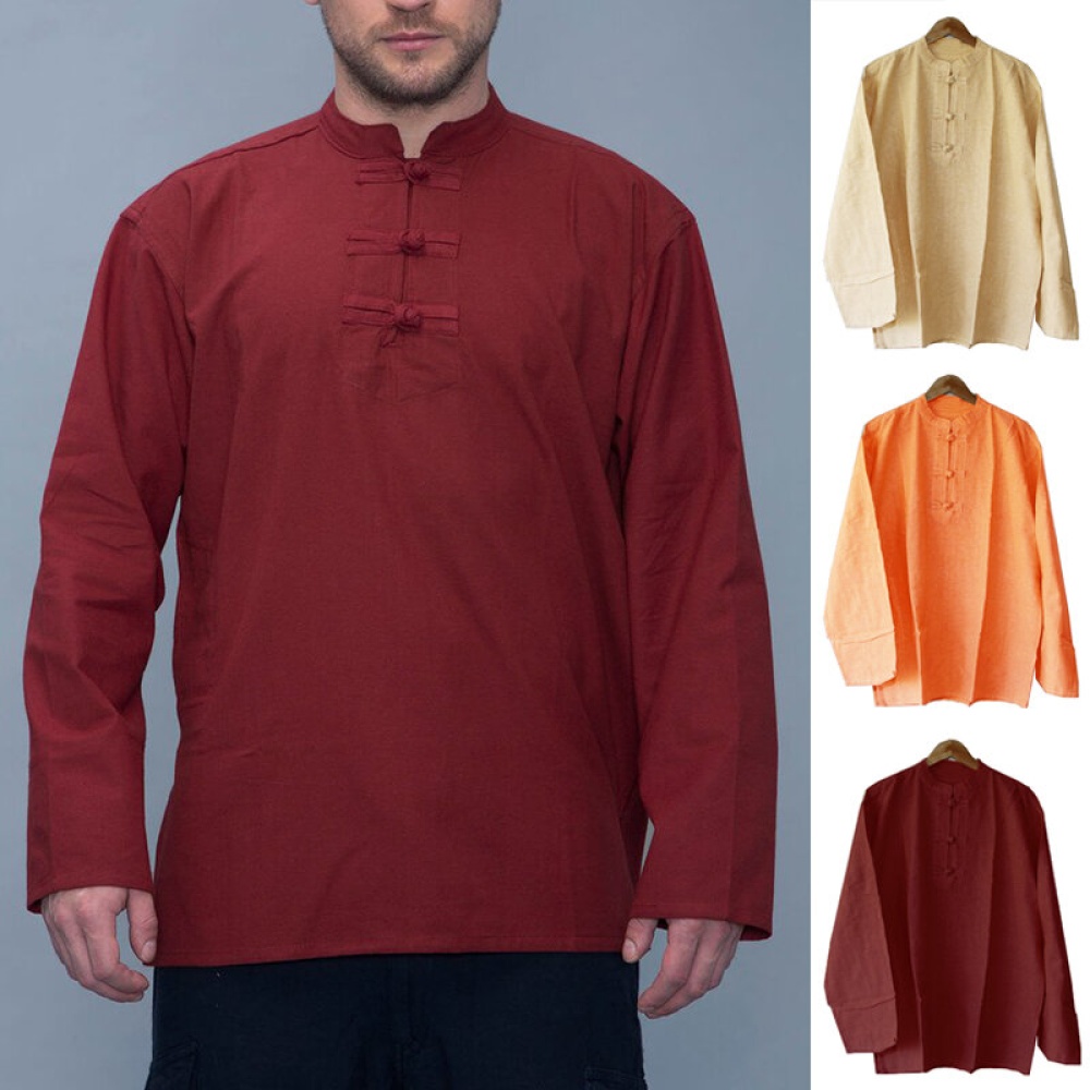 Men's Vintage Loose Casual Collarless Long Sleeve Shirts Retro Blouse Shirt Tops - S Red