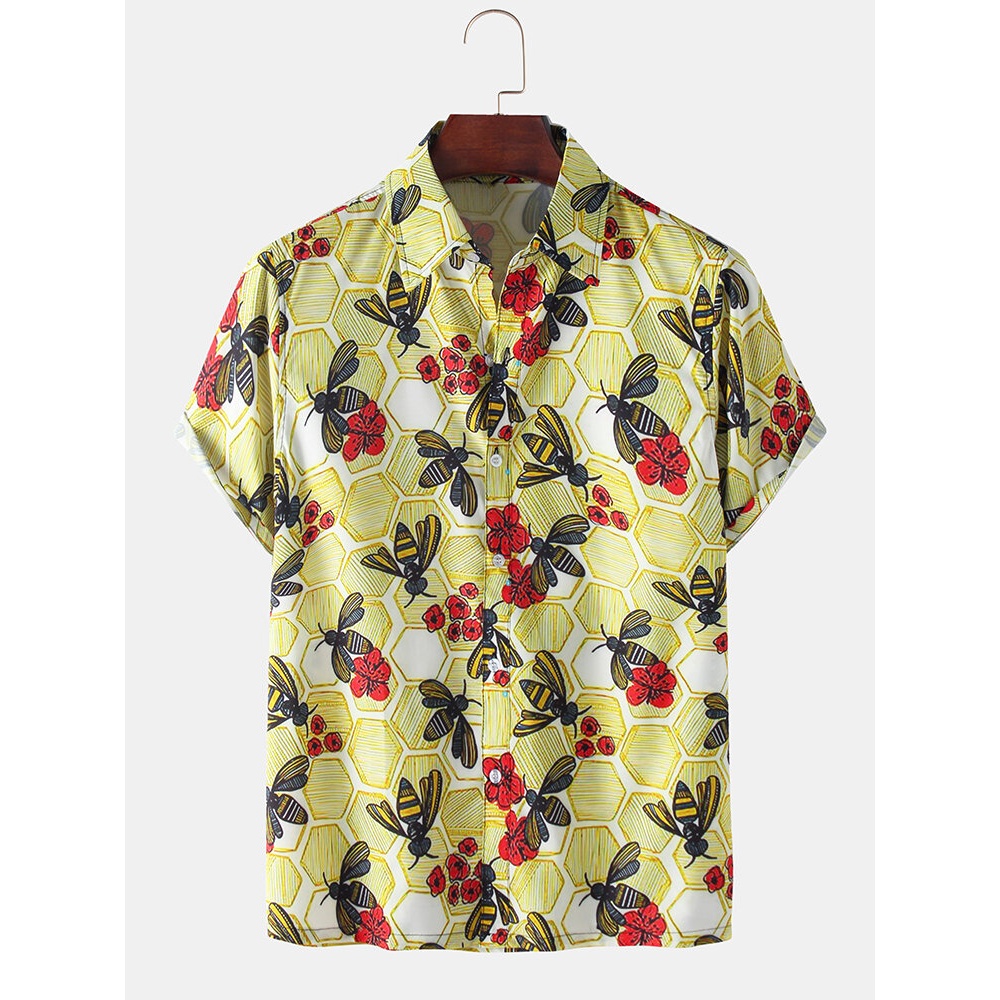 Mens Bee & Floral Cartoon Turn Down Collar Casual Shirts - White S