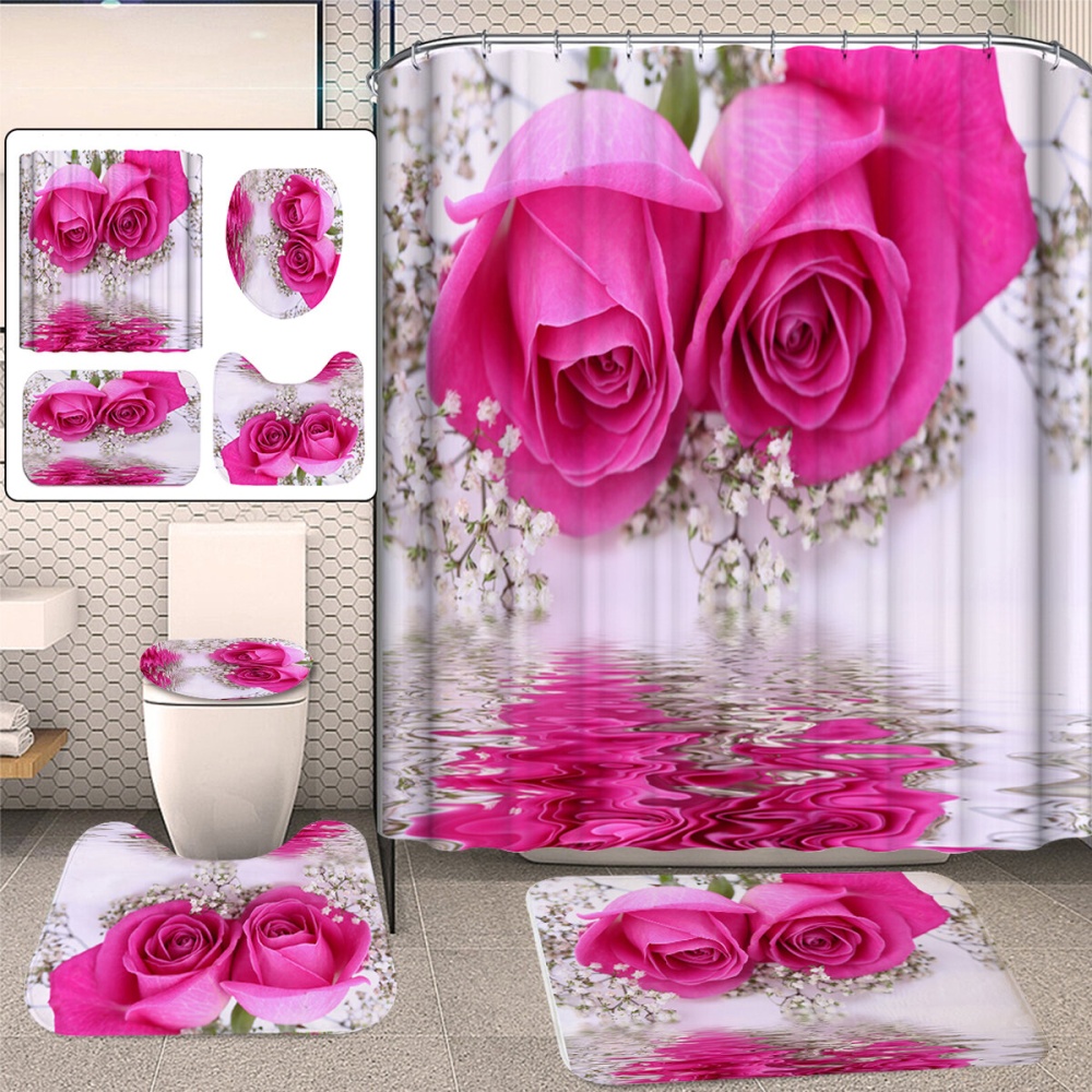 Pink Rose Waterproof Bathroom Shower Curtain Toilet Cover Bath Mat Pedestal Rug - Type A - Image 2