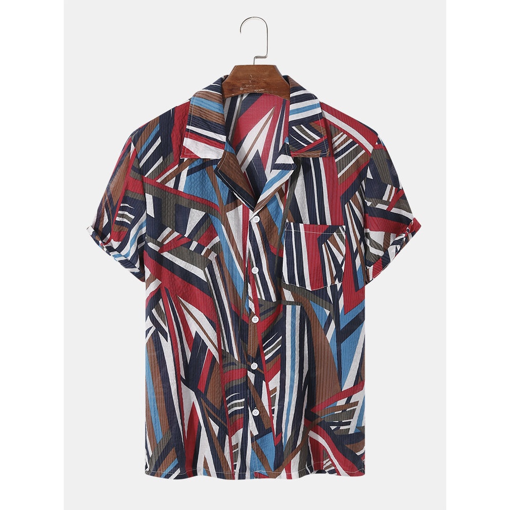 Mens Colorful 100% Cotton Striped Pattern Revere Collar Shirts - Red S