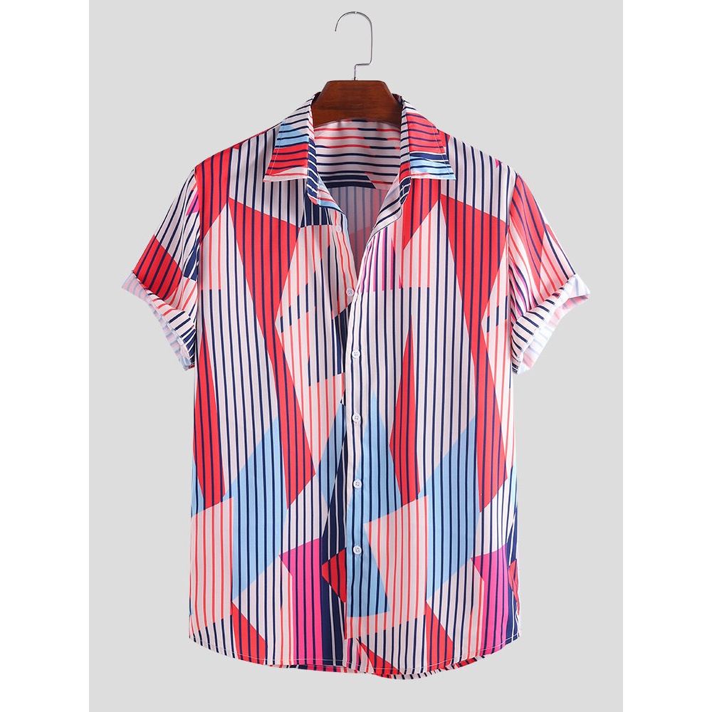Men Stripe Color Block Pattern Short Sleeve Shirts - L Red