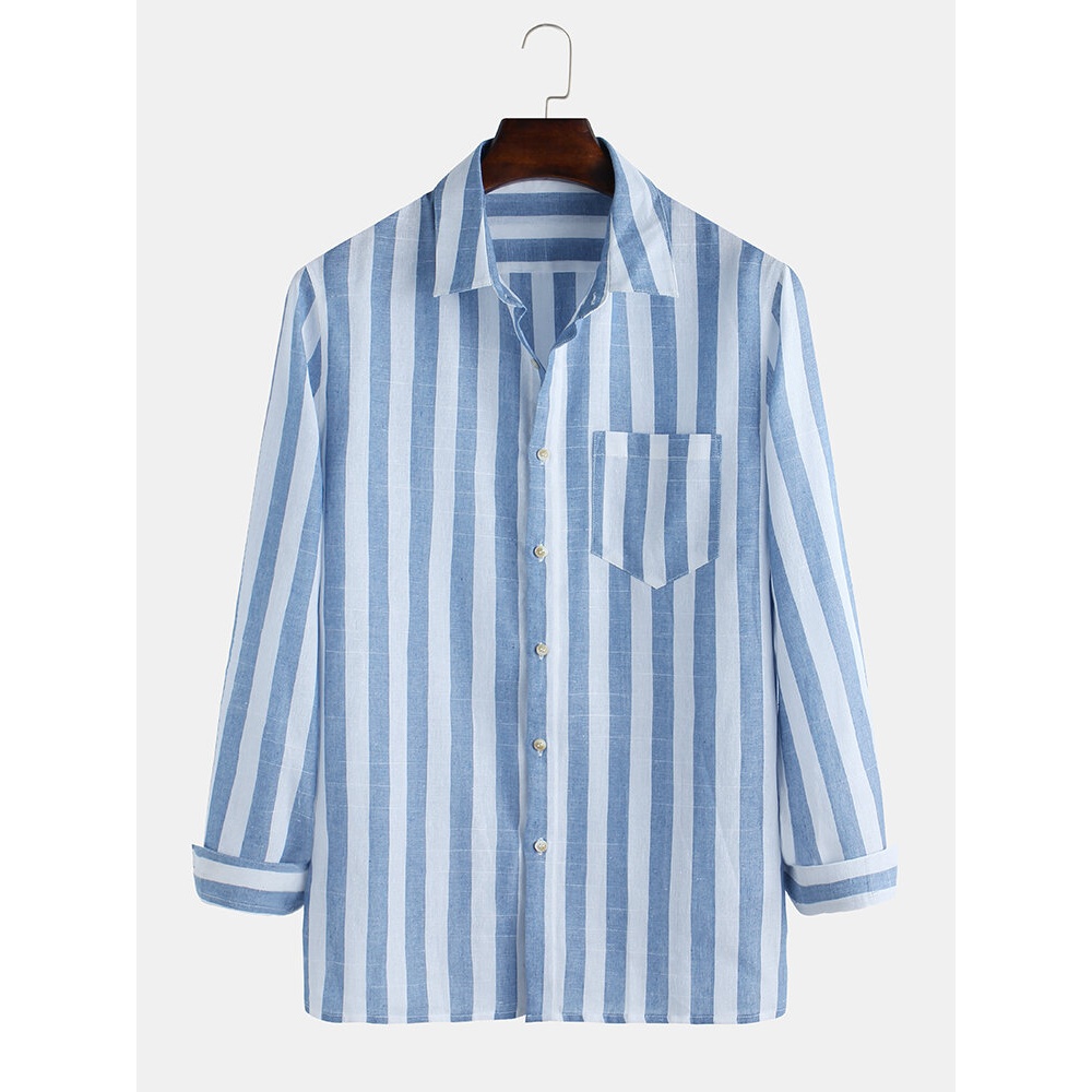 Mens Autumn Long Sleeve Stripe Pocket Casual Shirts - XL Blue
