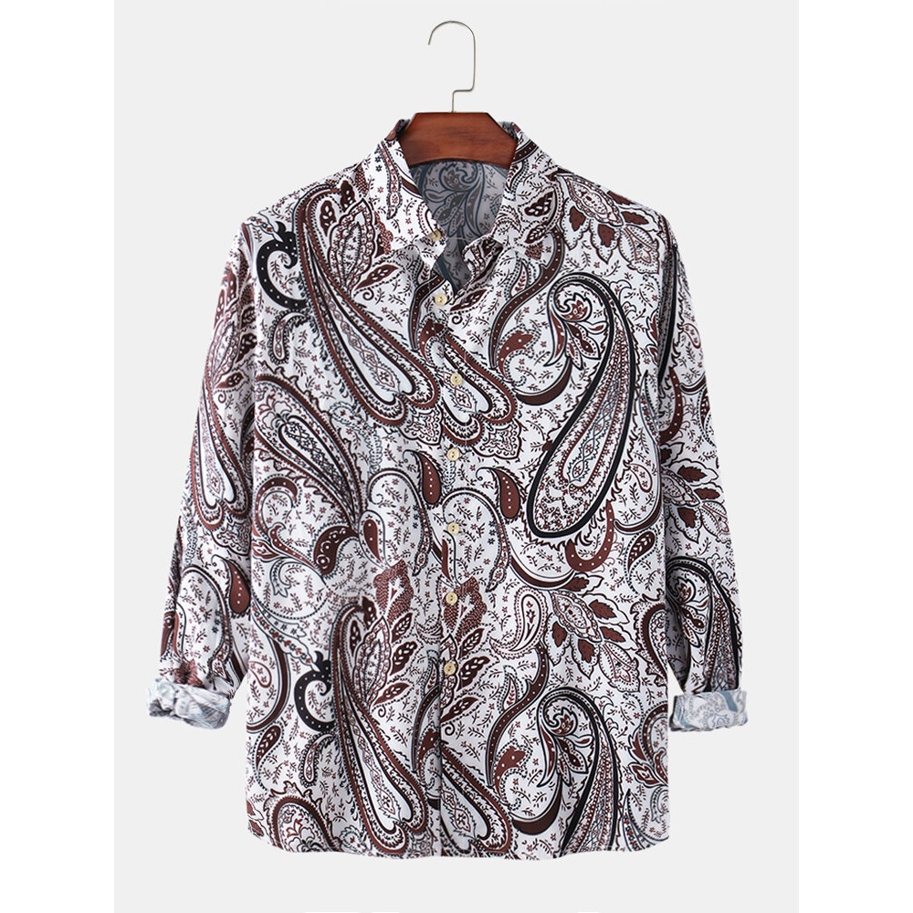 Mens Paisley Print Ethnic Style Loose Light Lapel Collar Long Sleeve Shirts - Red M