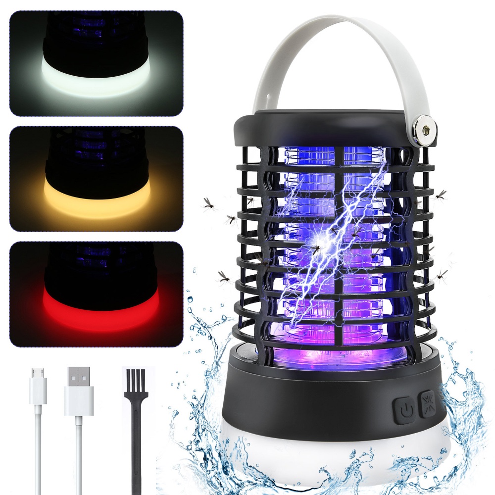 Elfeland 500-1000V Power Grid LED Electric Mosquito Killer Light with UV Light Mosquito Trap Outdoor IP65 Waterproof USB Rechargeable - Black