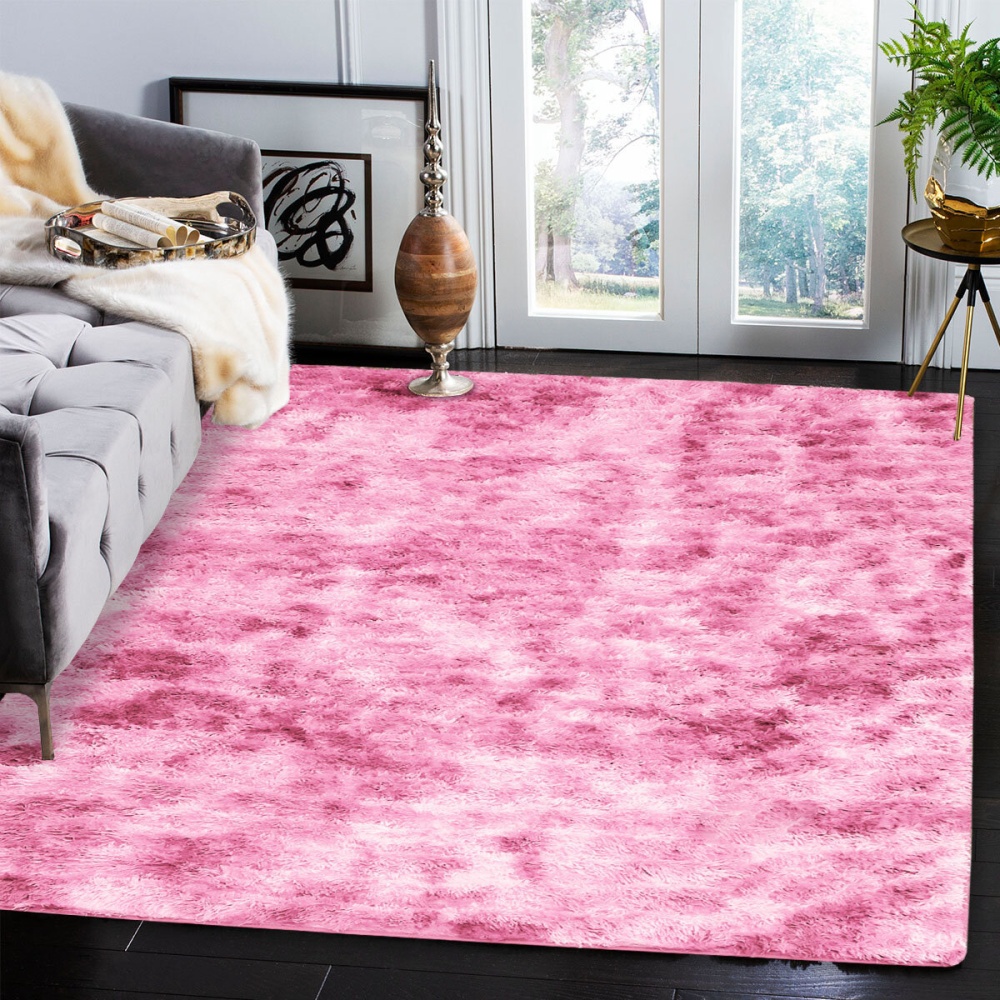 PV Velvet Pink Variegated Tie-dye Carpet Long Hair Gradient Floor Mat Eco-friendly Washable Anti-skid Bedside Carpet - 80*200cm - Image 2