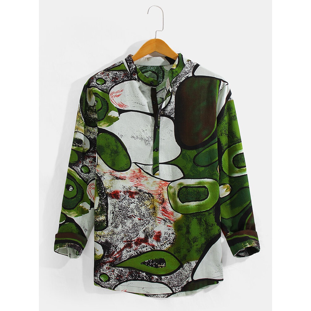 Mens Abstract Print Long Sleeve Vintage Henley Shirts - Green S