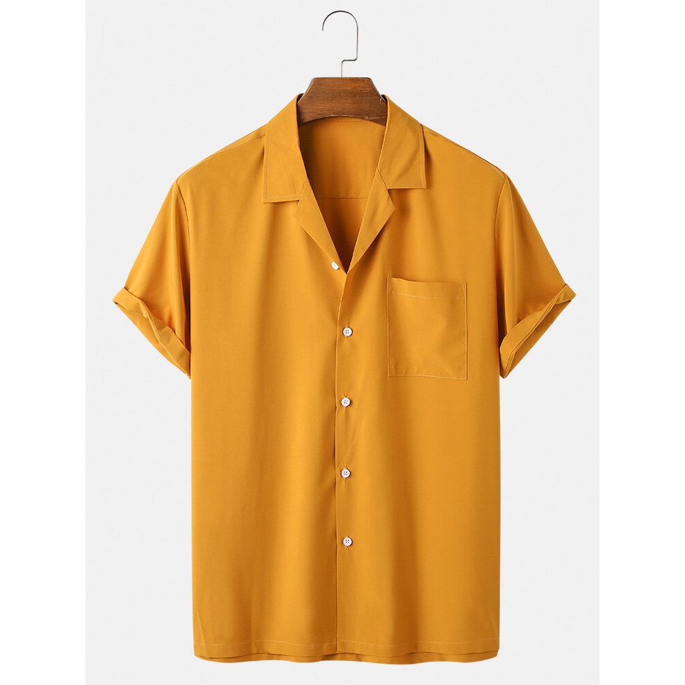 Mens Solid Color Revere Collar Chest Pocket Simple Short Sleeve Shirts - Yellow L