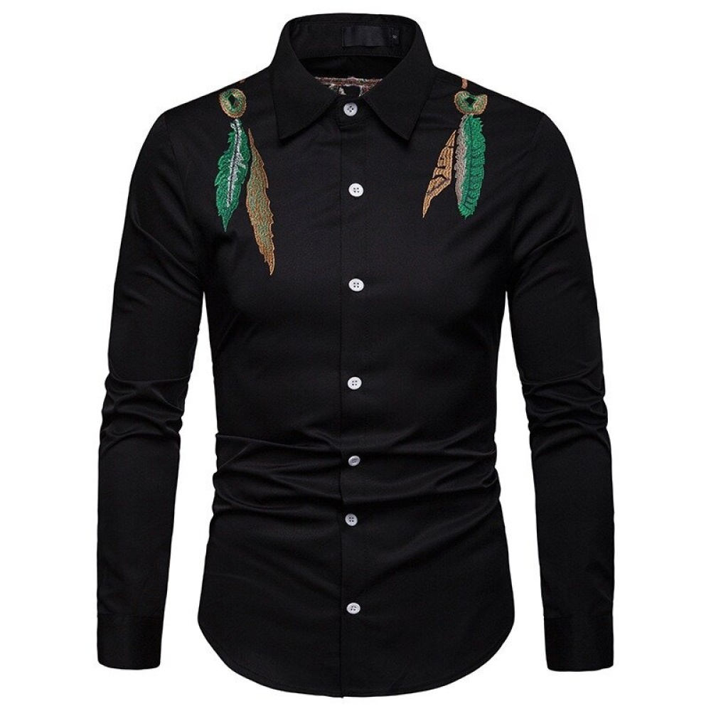 Men Leaf Embroidery Collar Long Sleeve Shirts - XL White