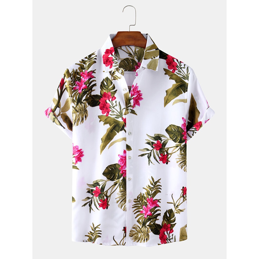 Mens Plant Short Sleeve Lapel Collar Holiday Casual Shirts - White L