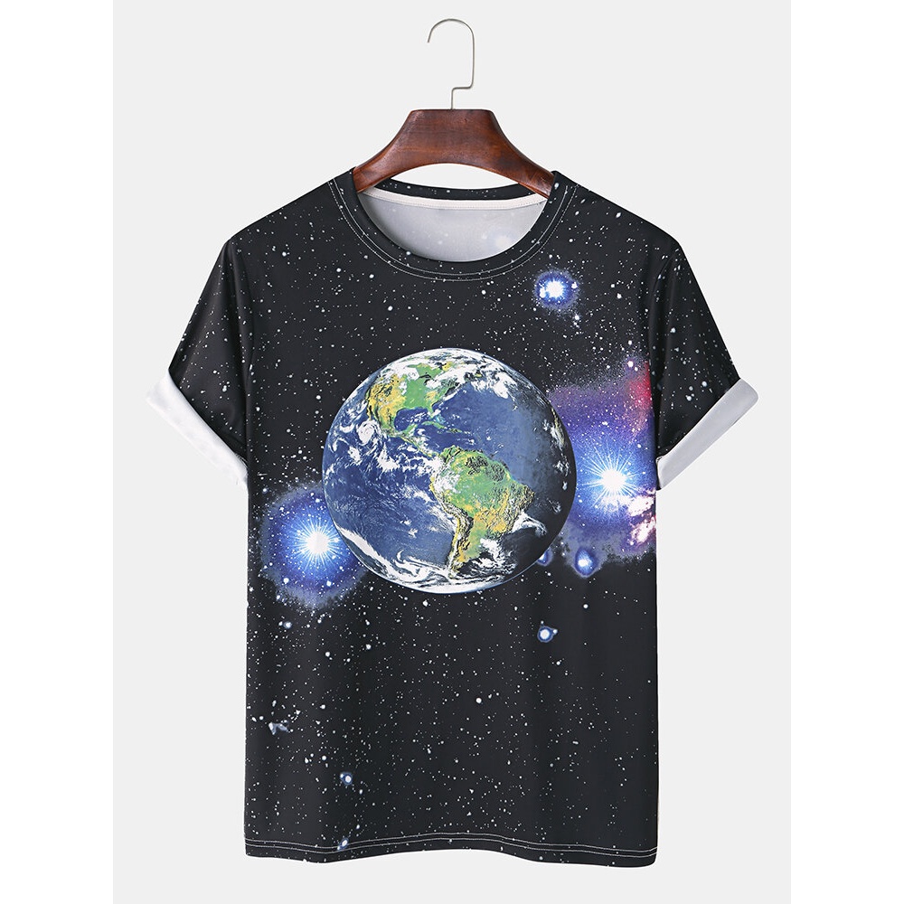 Mens Cotton Funny Earth Space Print Crew Neck Breathable Short Sleeve Casual T-Shirts - Black S