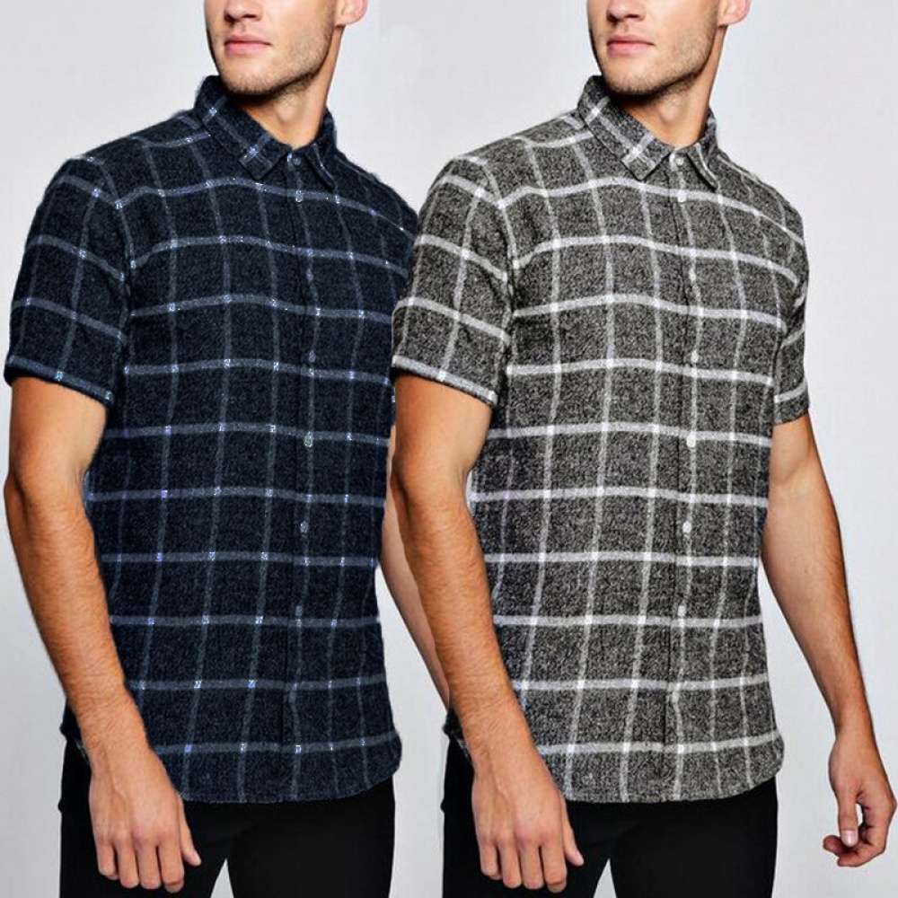 Men Short Sleeve Plaid Check Shirt Slim Fit Casual Formal Dress Shirt Top Blouse - S Navy