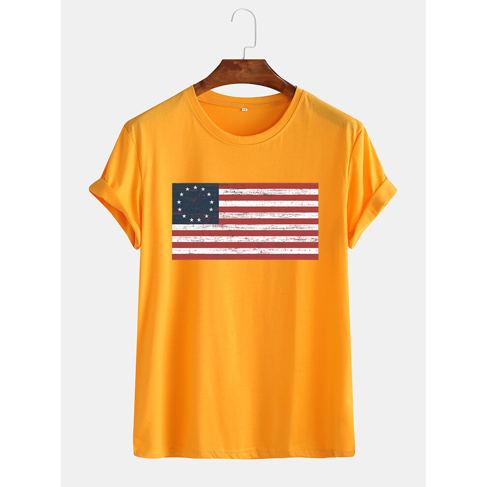 Historically USA Flag License Print Ethnic Short Sleeve Casual T-Shirts - White L