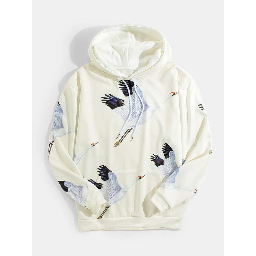 Mens Crane Graphics Chinese Style Kangaroo Pocket Casual Hoodies - Light Grey M