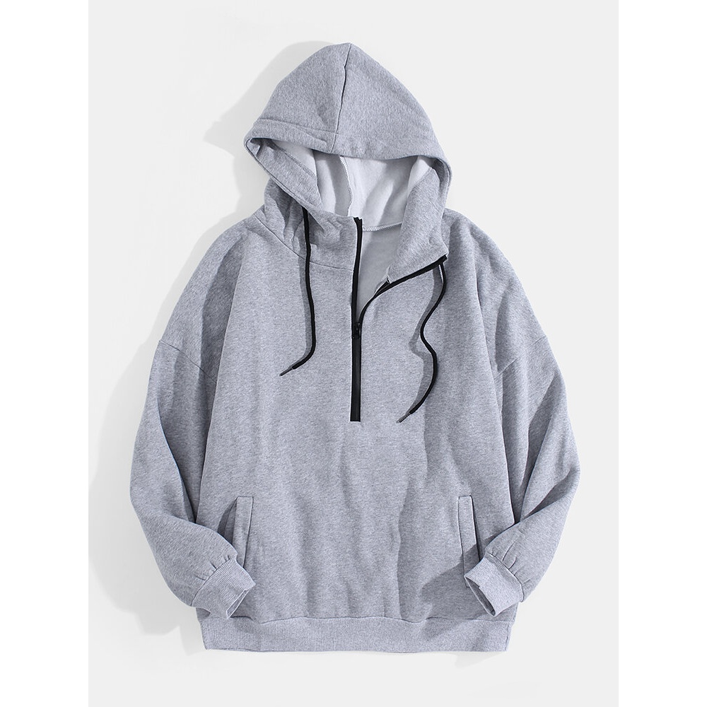 Mens Half Zip Cotton Drop Shoulder Solid Drawstring Hoodies With Pocket - Dark Grey L