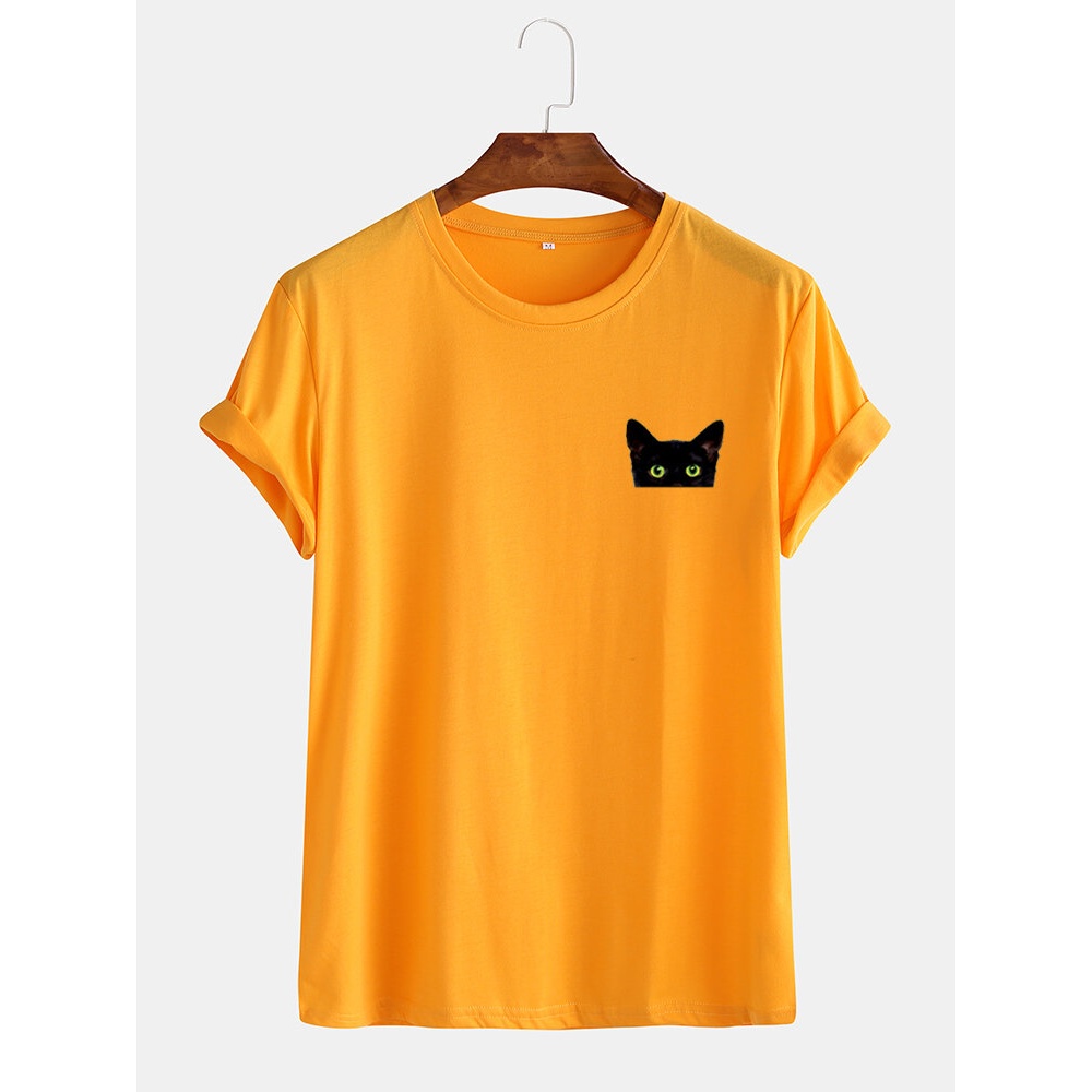 Mens Sample Cartoon Cat Graphic Casual Cotton Short Sleeve T-Shirts - Green S