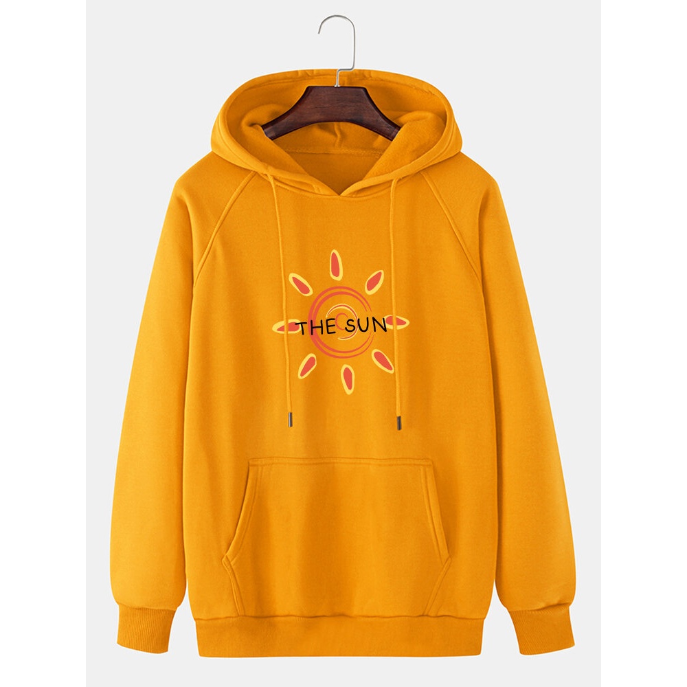 Mens Sun & Letter Graphics Kangaroo Pocket Long Raglan Sleeves Hoodies - Yellow L