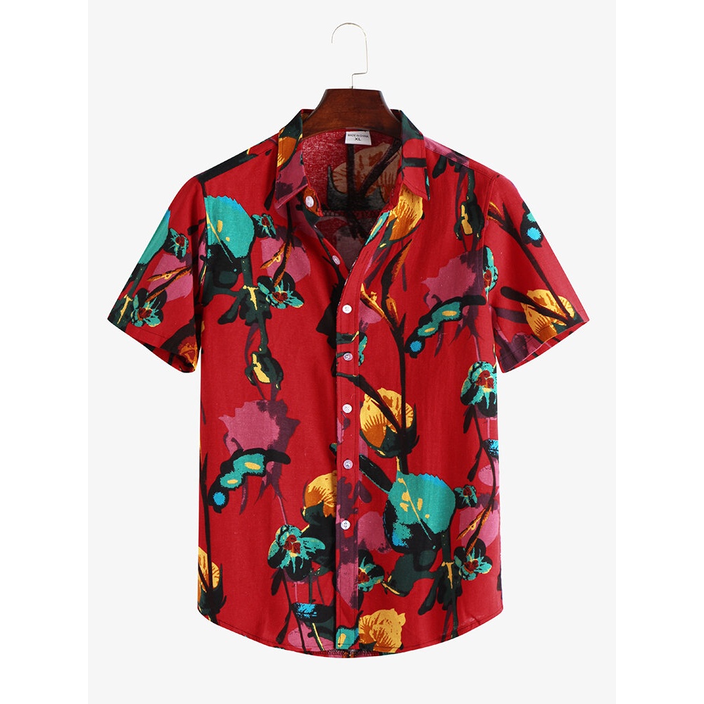 Mens Ethnic Floral Printed Turn Down Collar Casual Shirts - 3XL Red