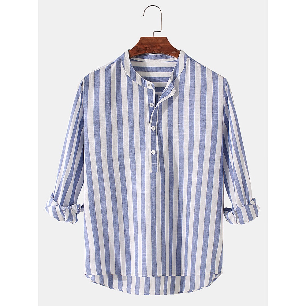Mens Basic Striped Cotton High Low Hem Stand Collar Casual Long Sleeve Henley Shirts - Blue S
