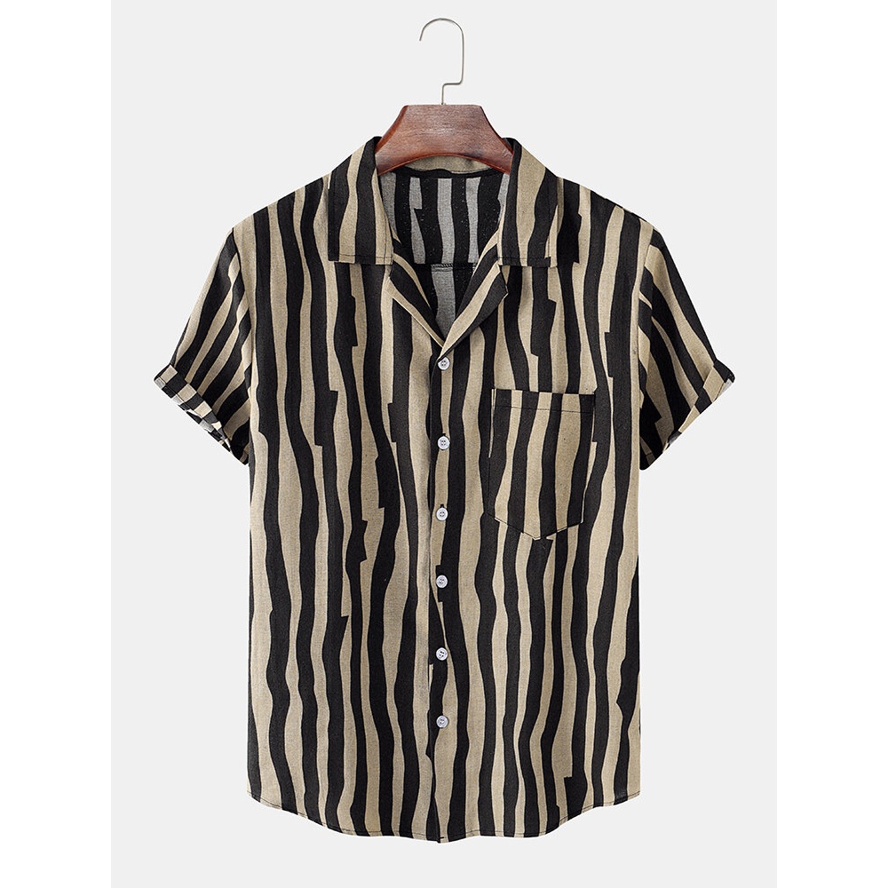 Mens Irregular Striped Revere Collar Cotton Short Sleeve Shirts - Black S