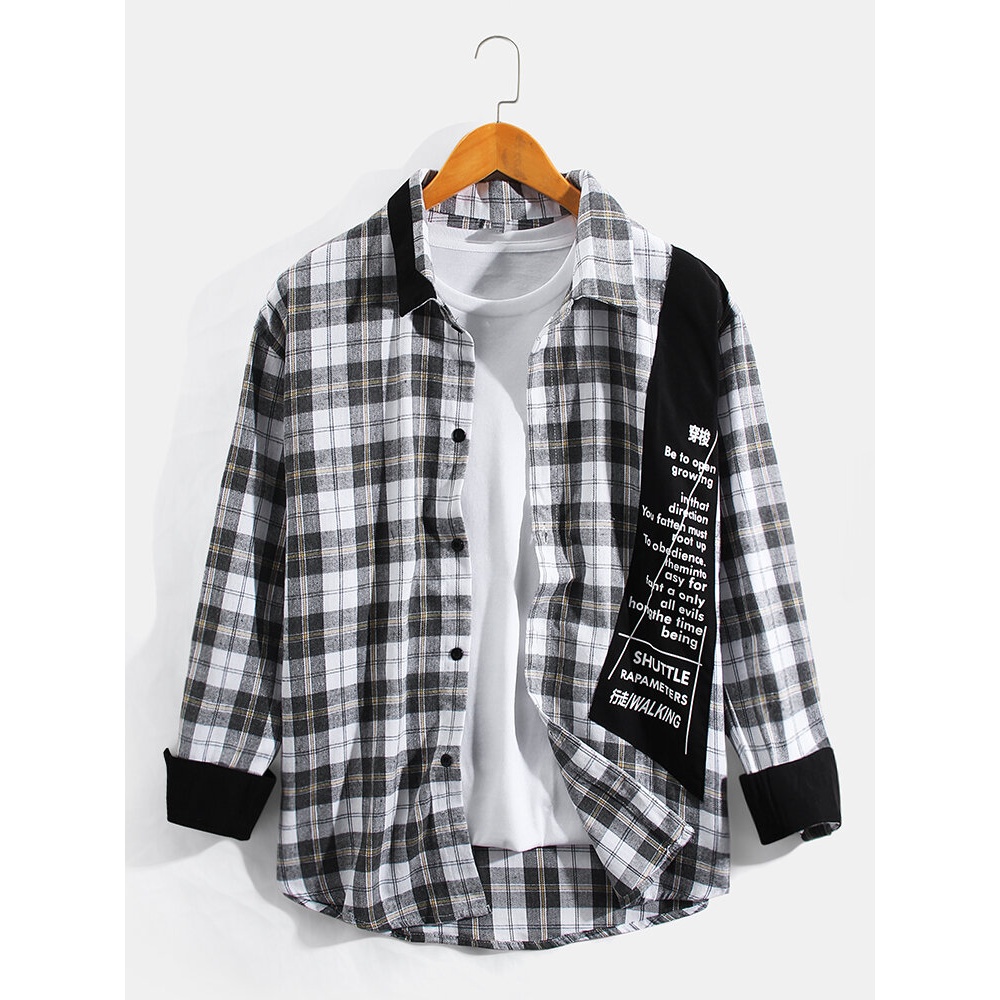 Mens Plaid Text Print Patchwork Lapel Cotton Casual Long Sleeve Shirts - Black M