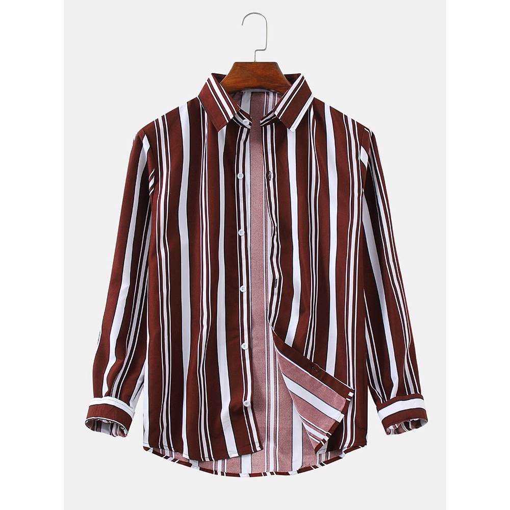 Mens Vertical Striped Print Lapel Collar Long Sleeve Casual Shirts - Black S