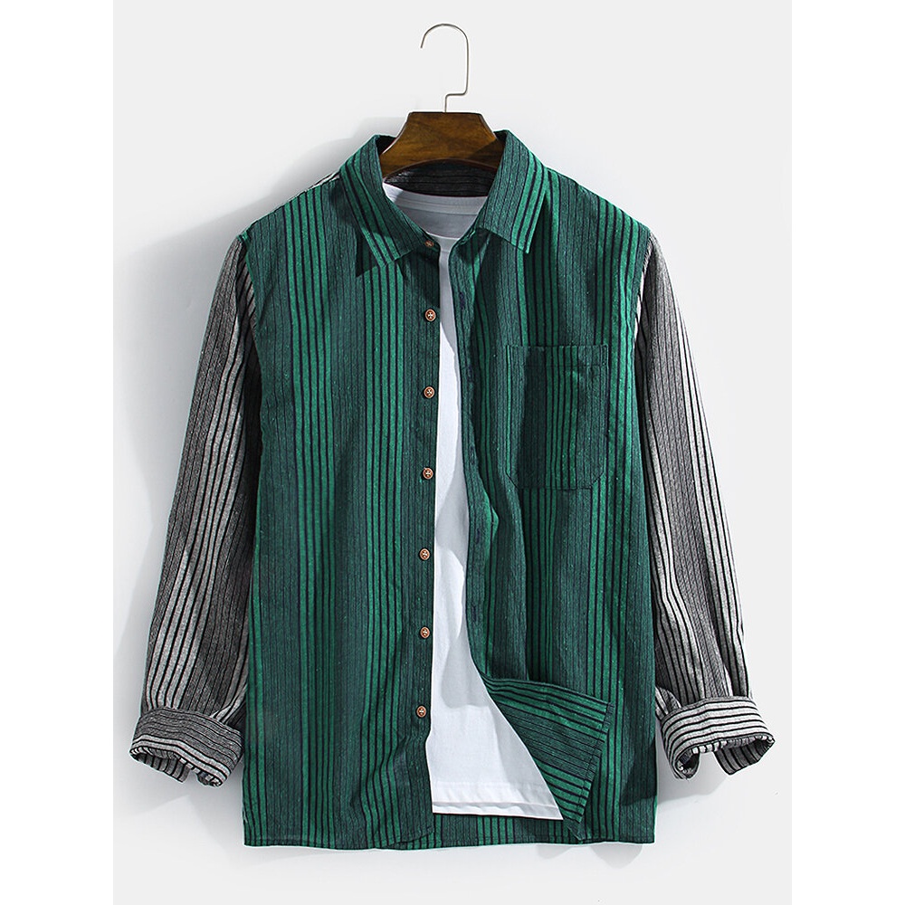 Mens Combined Multi-Striped 100% Cotton Casual Long Sleeve Shirts - Yellow S