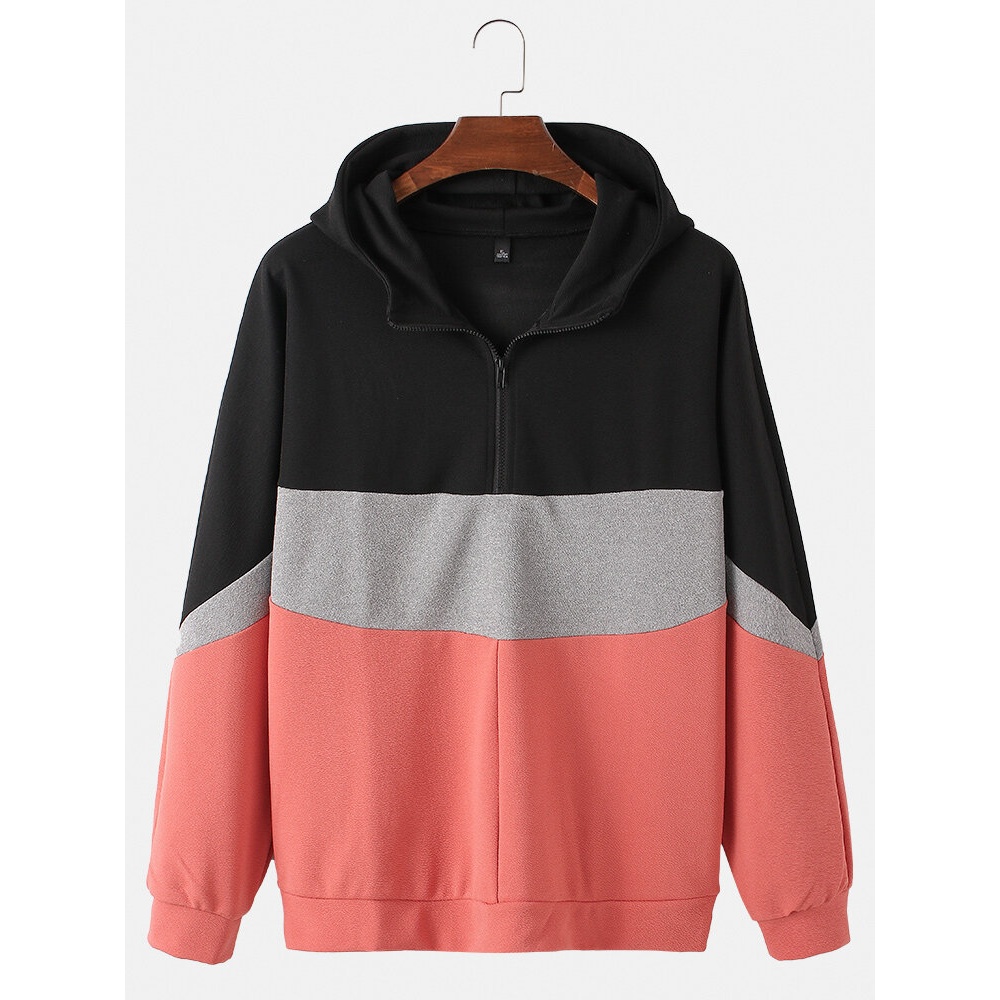 Mens Cotton Color Block Half Zipper Long Sleeve Hoodies - Black L