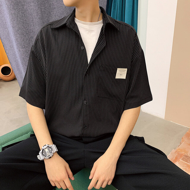 Men Striped Loose Short-sleeved Shirt Casual Half-sleeved - M Black - Image 2