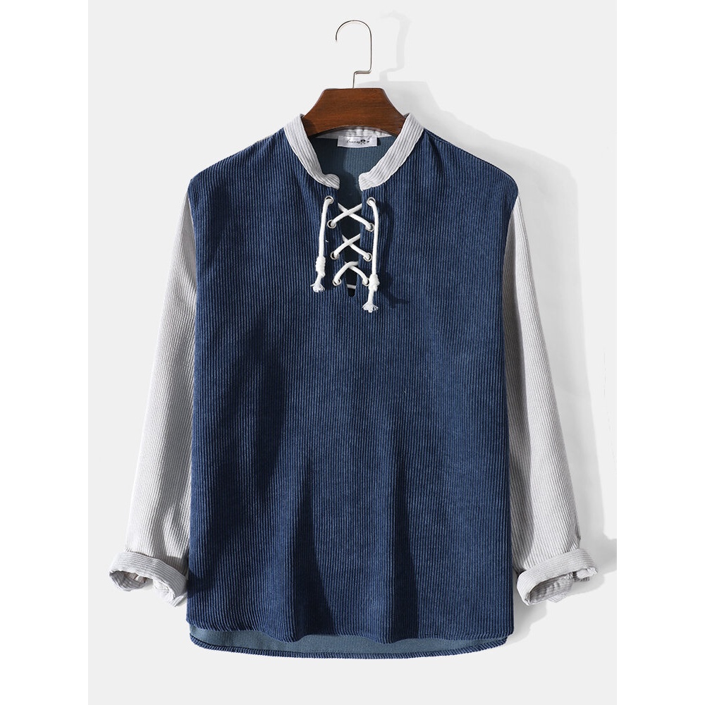 Mens Corduroy Solid Color Drawstring Long Sleeve T-Shirt - Dark Blue S