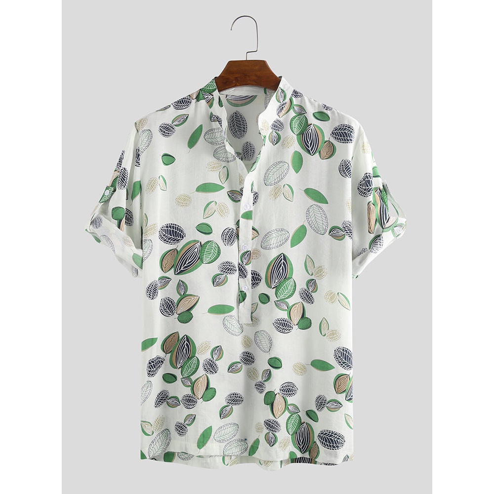 Mens Summer Leaves Printed Hawaiian Stand Collar Shirts - L Pink