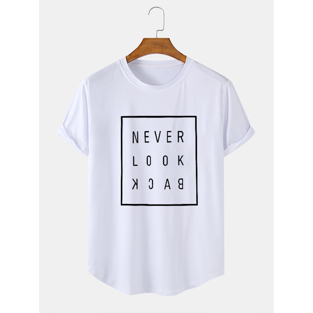 Mens Cotton Slogan Print Curved Hem Casual T-Shirts - Black S