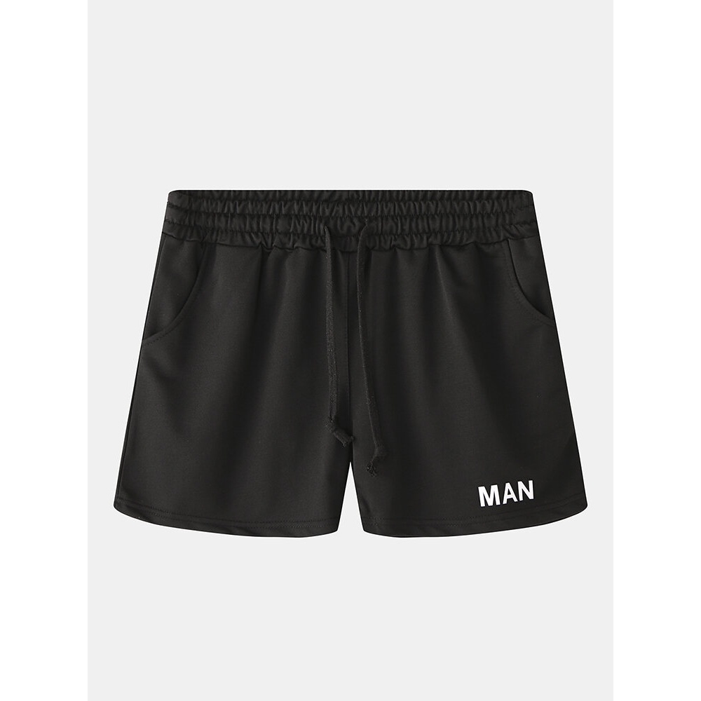 Men Casual Pocket Letter Print Shorts - L Black