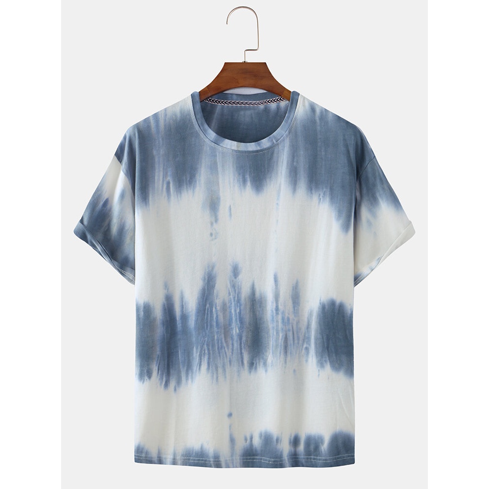 Mens Gradient Color Print Summer Breathable Loose O-Neck T-Shirts - Grey XL