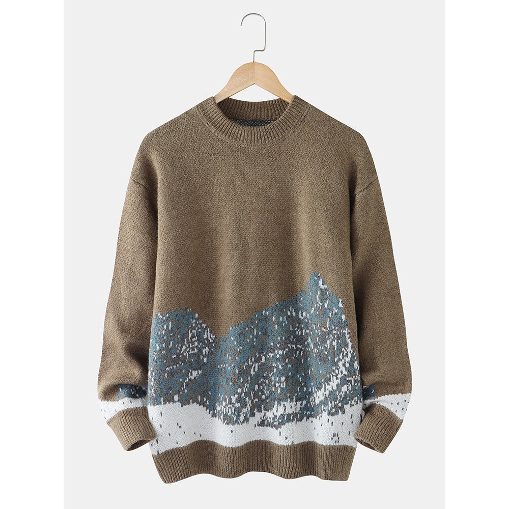 Mens Landscape Print Warm Long Sleeve Casual Knitted Sweaters - Grey L