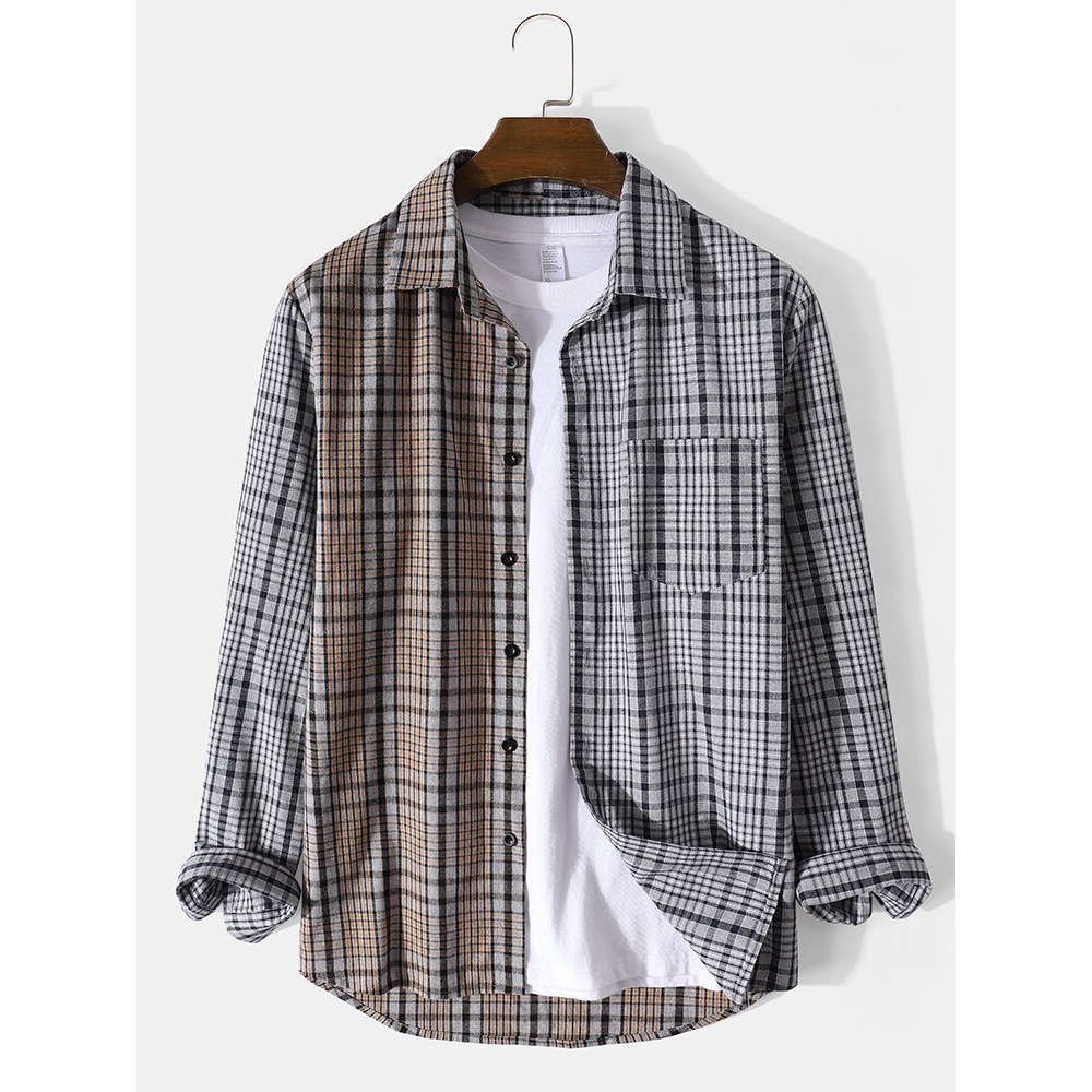 Mens Contrast Plaid Button Up Cotton Long Sleeve Shirts With Pocket - White S