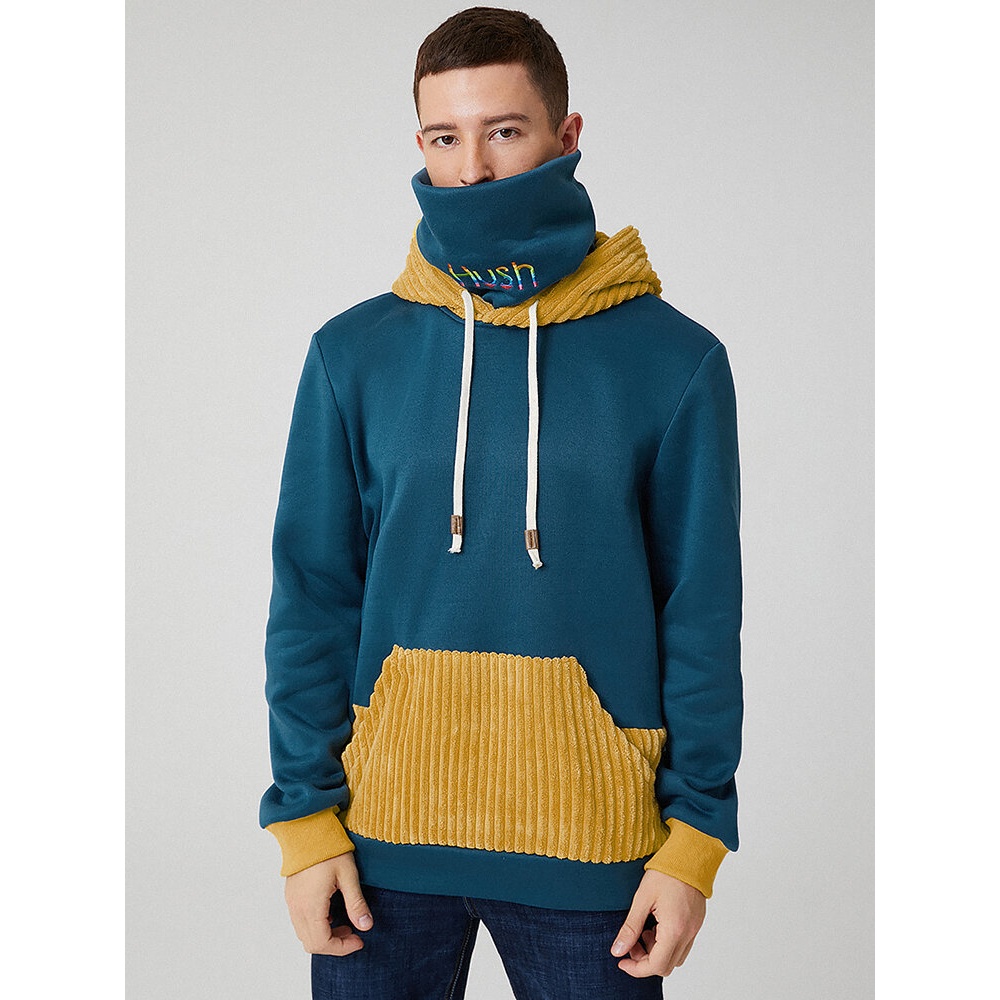 Mens Corduroy Patchwork Pouch Pocket Long Sleeve Hoodies With Letter Snood - S Blue