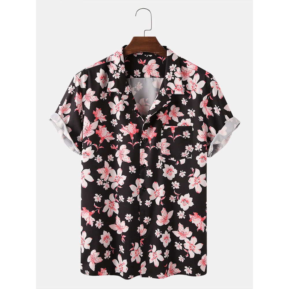 Mens Peach Blossom Floral Print Short Sleeve Holiday Breathable Shirts - Black S