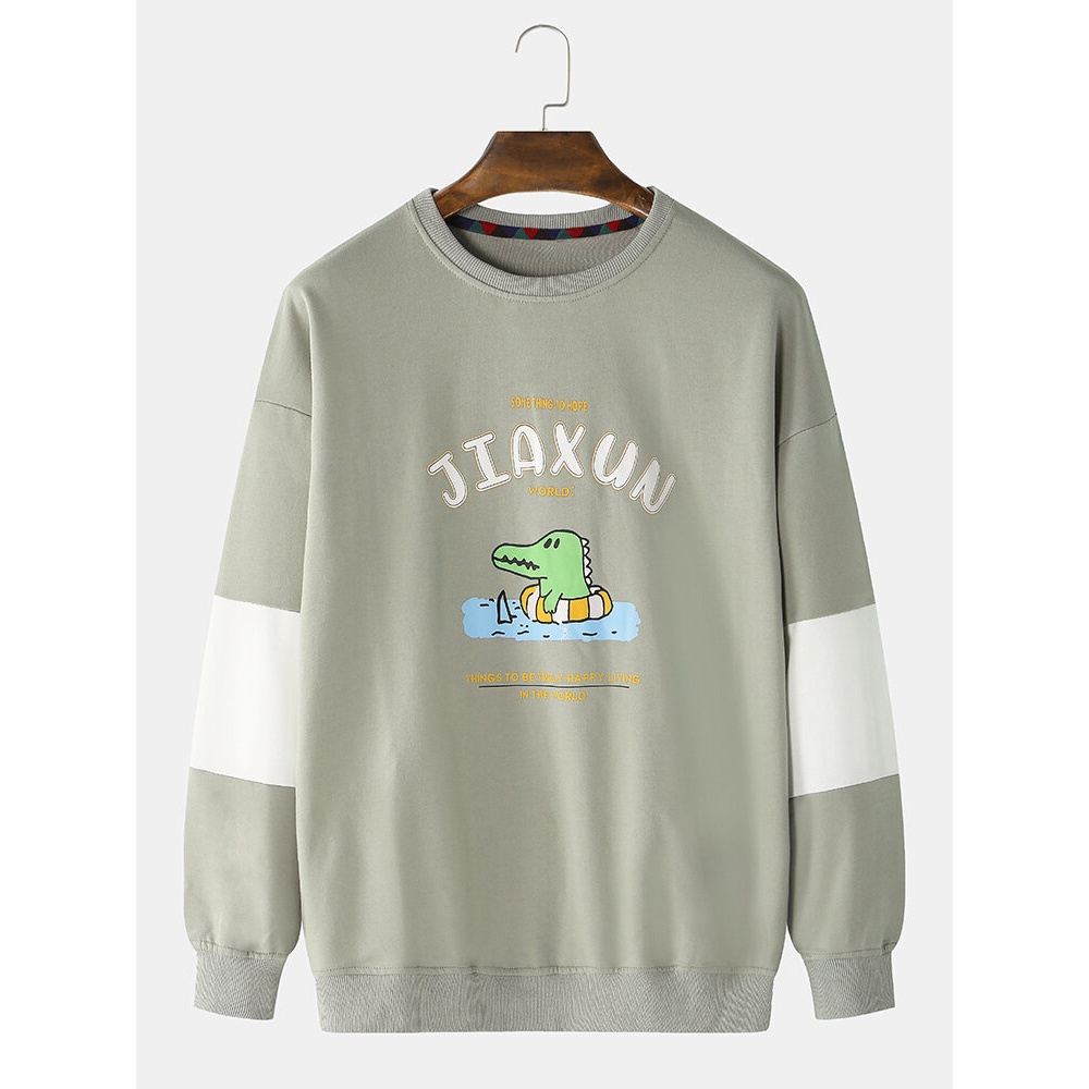 Mens Cotton Letter Cartoon Animal Print Crew Neck Relaxed Fit Drop Sleeves Sweatshirts - White L