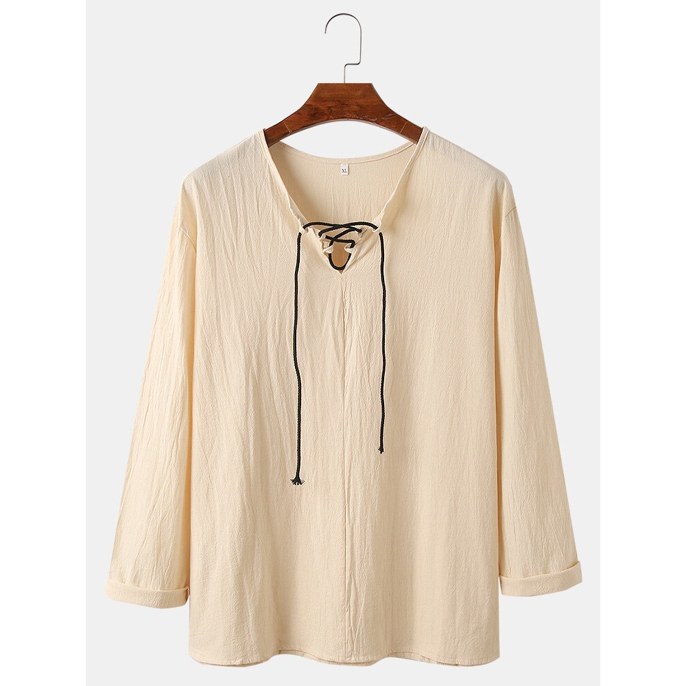 Mens Solid Color Bandage Long Sleeve Simple Cotton T-Shirts - Grey 2XL